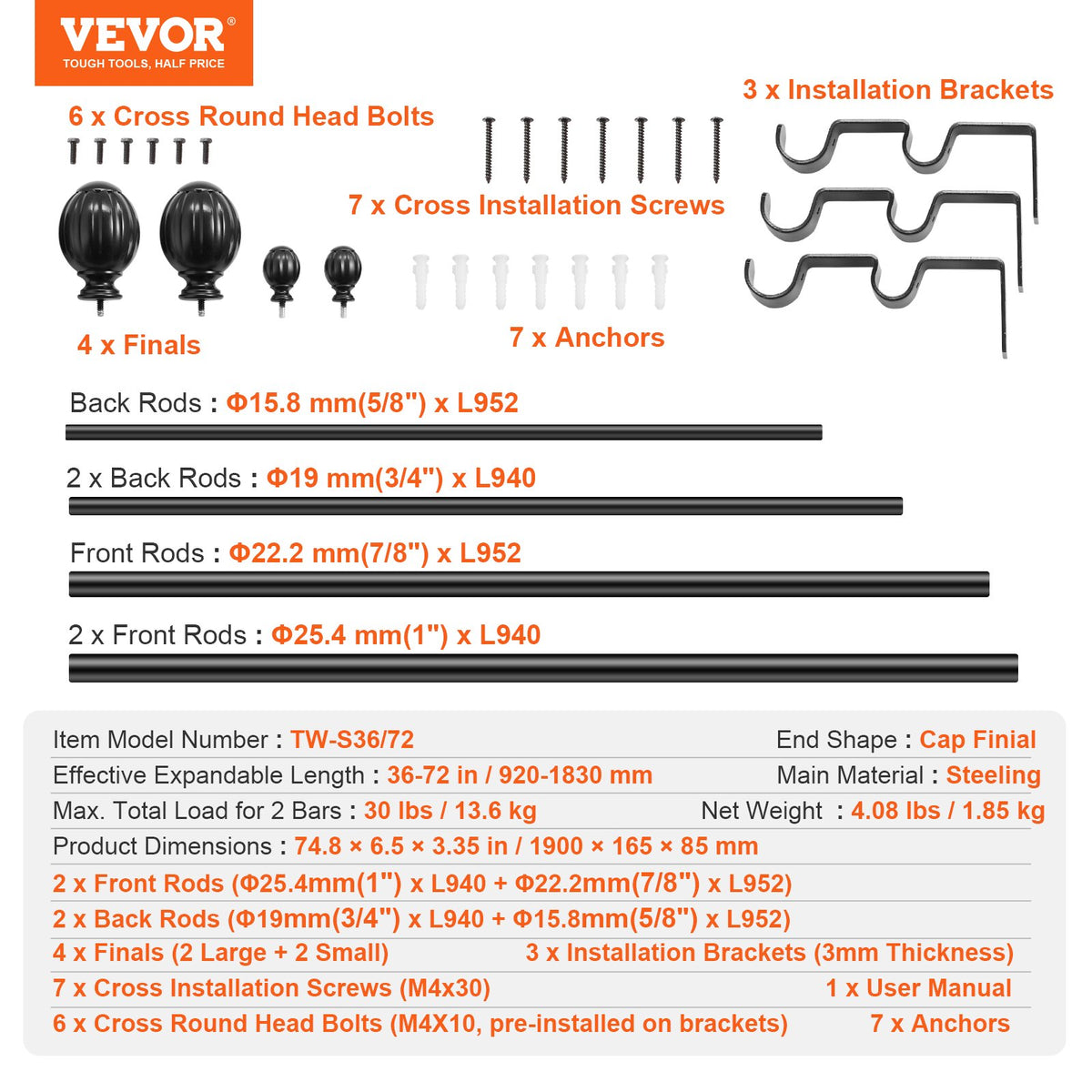 VEVOR Double Rod Curtain Rods, 36-72 inches(3-6ft) Adjustable Length, Black Double