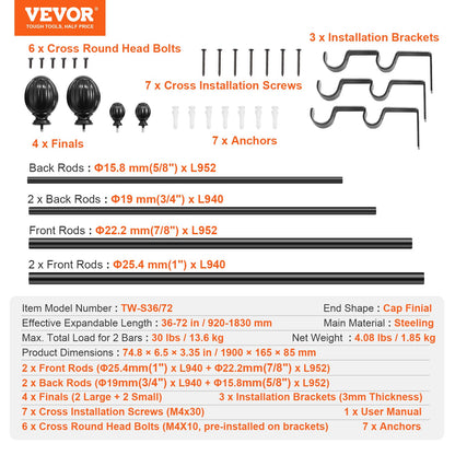 VEVOR Double Rod Curtain Rods, 36-72 inches(3-6ft) Adjustable Length, Black Double