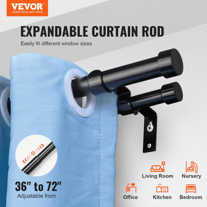 Adjustable Double Curtain Rod Set, 0.9-1.8m, Black, with Cap Finials, Steel