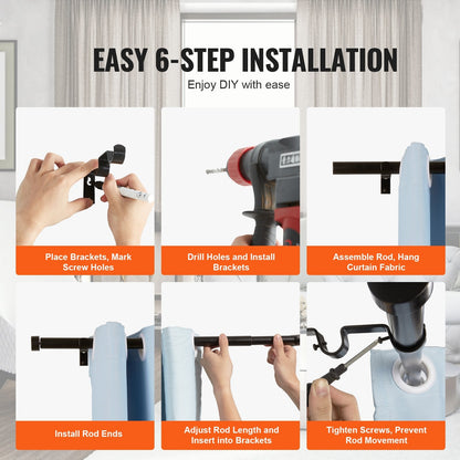 Adjustable Double Curtain Rod Set, 0.9-1.8m, Black, with Cap Finials, Steel