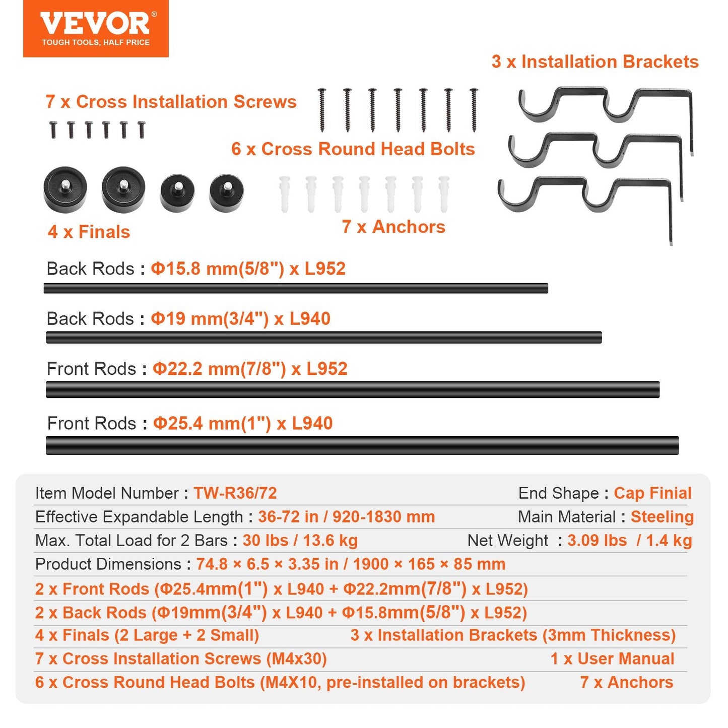 Adjustable Double Curtain Rod Set, 0.9-1.8m, Black, with Cap Finials, Steel