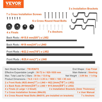 Adjustable Double Curtain Rod Set, 0.9-1.8m, Black, with Cap Finials, Steel