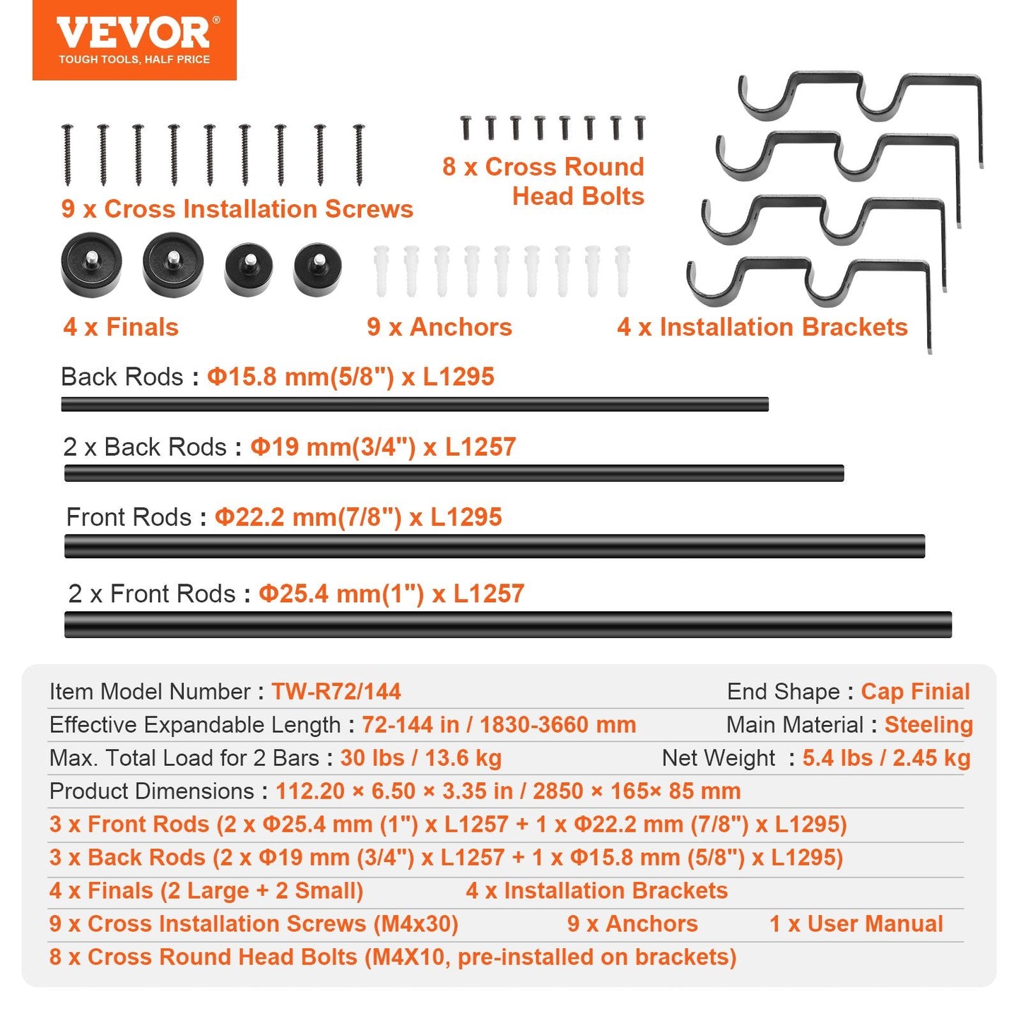 Adjustable Double Curtain Rods, 1m-3.6m, Black, Dual Design with Cap Finials