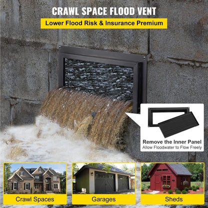 Crawl Space Flood Vent 8" Height x 16" Width Foundation Flood Vent to Reduce Foundation Damage and Flood Risk, Black, Wall Mounted Flood Vent, for Crawl Spaces, Garages & Full Height Enclosures