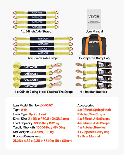 Wheel Chock Tie-Down Kit, Axle Type Trailer Tie Down Strap, Car Tie Down Kit with Break Strength 4540 kg, Working Load 1512 kg, Trailer Ratchet Strap for ATV, UTV, & Heavy-Duty Pickup Trucks