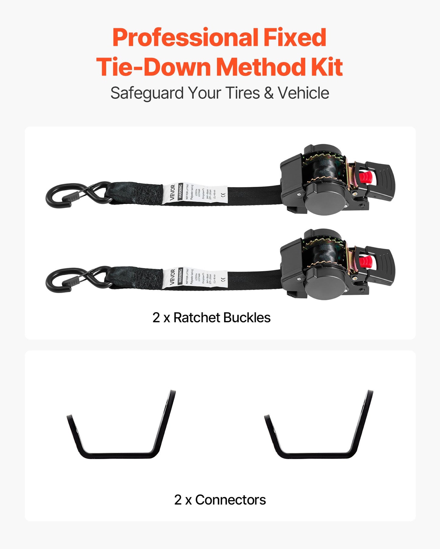 Wheel Chock Tie-Down Kit, Fixed Trailer Tie Down Strap, Car Tie Down Kit with S-Hook, Break Strength 748 kg & Working Load 250 kg Motorcycle Tie-Down System for Trailers, Boats, Snowmobiles