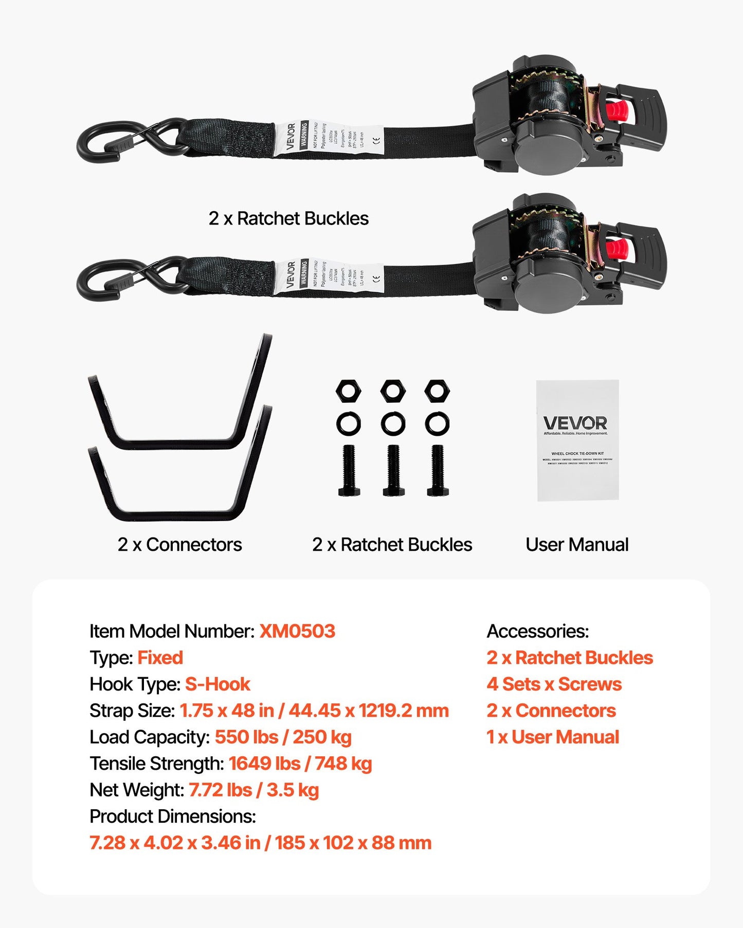 Wheel Chock Tie-Down Kit, Fixed Trailer Tie Down Strap, Car Tie Down Kit with S-Hook, Break Strength 748 kg & Working Load 250 kg Motorcycle Tie-Down System for Trailers, Boats, Snowmobiles