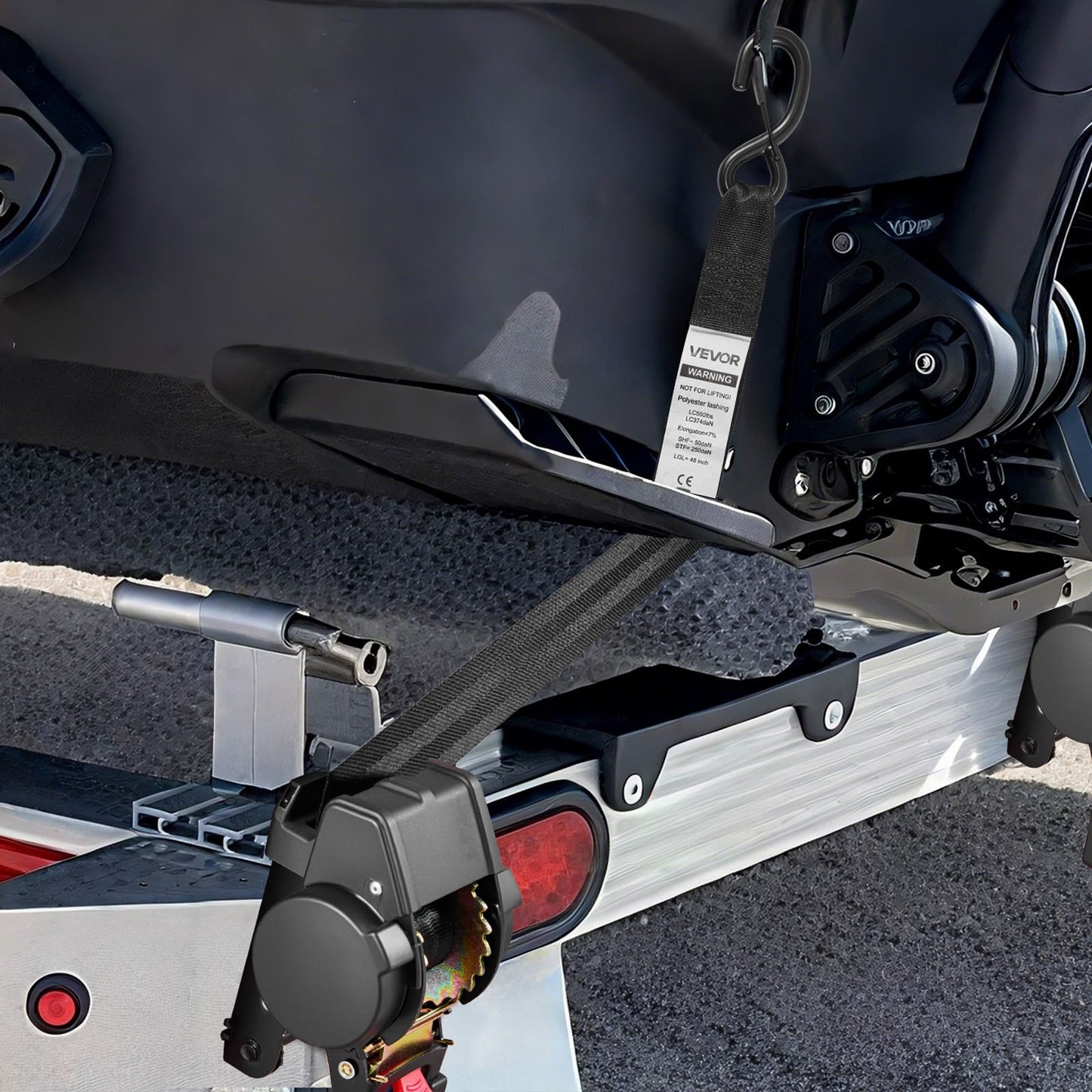 Wheel Chock Tie-Down Kit, Fixed Trailer Tie Down Strap, Car Tie Down Kit with S-Hook, Break Strength 748 kg & Working Load 250 kg Motorcycle Tie-Down System for Trailers, Boats, Snowmobiles