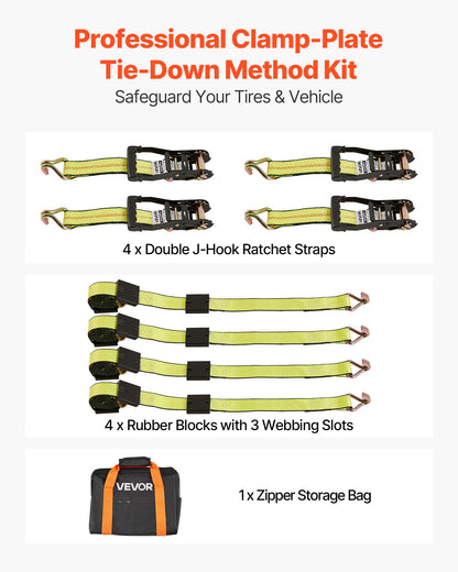 Wheel Chock Tie-Down Kit, Deck-Style Trailer Tie Down Strap, Car Tie Down Kit with J-Hook, Break Strength 4540 kg & Working Load 1512 kg Motorcycle Tie-Down System for SUVs, Trailers, Trucks