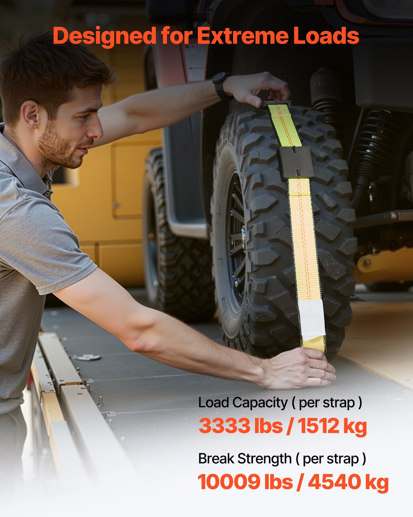 Wheel Chock Tie-Down Kit, Deck-Style Trailer Tie Down Strap, Car Tie Down Kit with J-Hook, Break Strength 4540 kg & Working Load 1512 kg Motorcycle Tie-Down System for SUVs, Trailers, Trucks