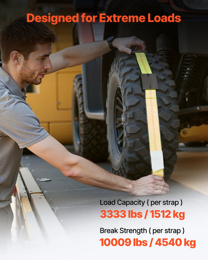 Wheel Chock Tie-Down Kit, Deck-Style Trailer Tie Down Strap, Car Tie Down Kit with J-Hook, Break Strength 4540 kg & Working Load 1512 kg Motorcycle Tie-Down System for SUVs, Trailers, Trucks
