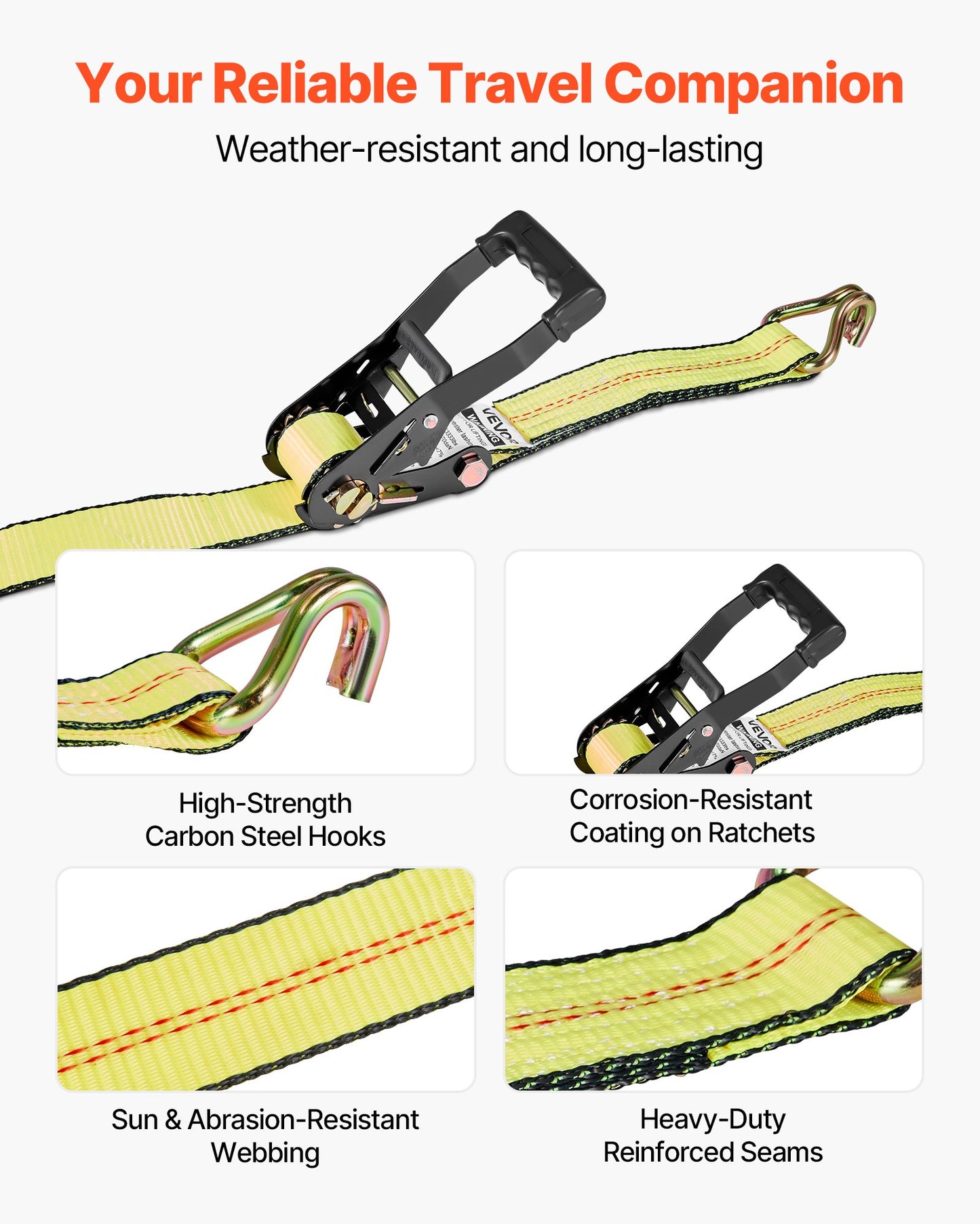 Wheel Chock Tie-Down Kit, Deck-Style Trailer Tie Down Strap, Car Tie Down Kit with J-Hook, Break Strength 4540 kg & Working Load 1512 kg Motorcycle Tie-Down System for SUVs, Trailers, Trucks
