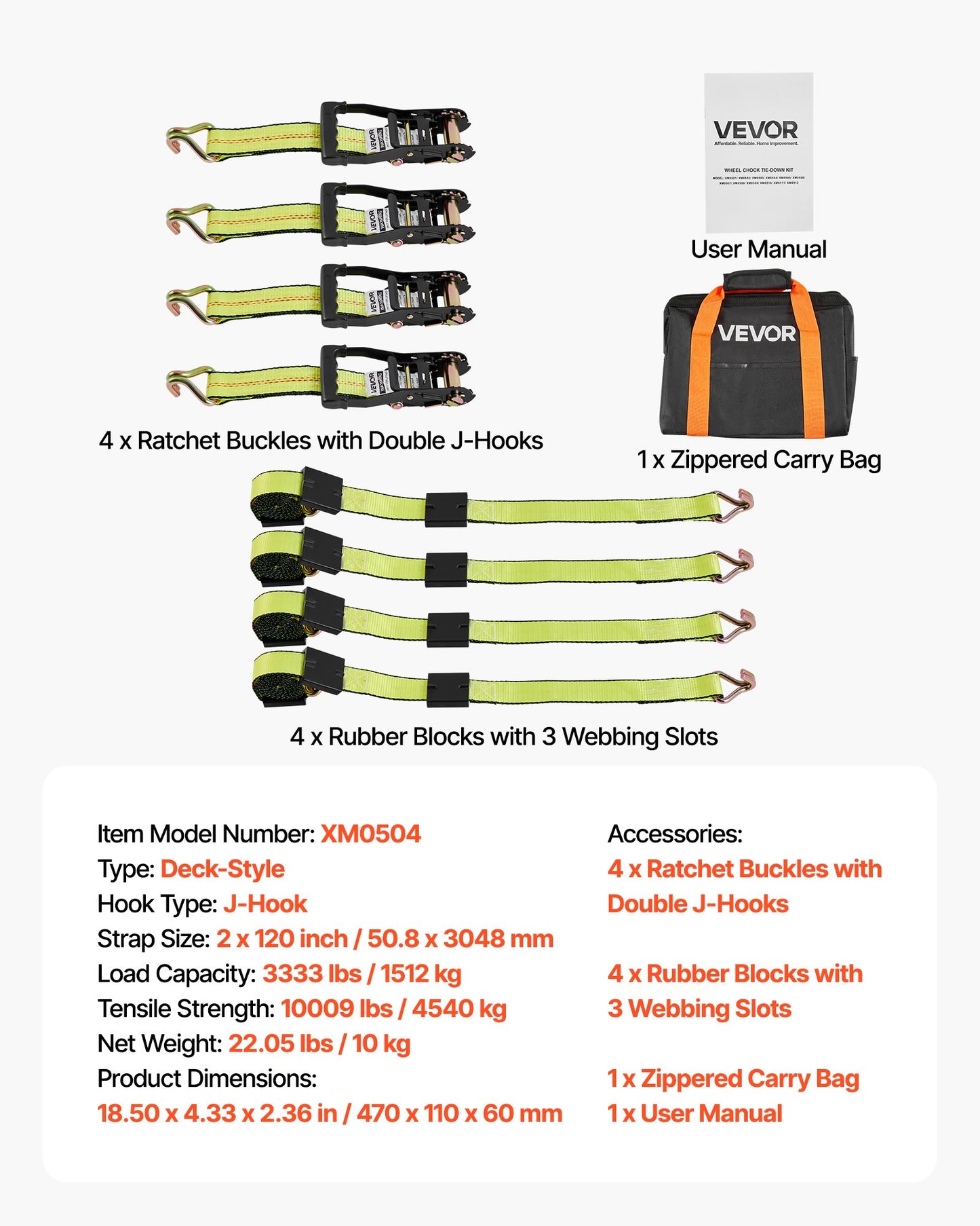 Wheel Chock Tie-Down Kit, Deck-Style Trailer Tie Down Strap, Car Tie Down Kit with J-Hook, Break Strength 4540 kg & Working Load 1512 kg Motorcycle Tie-Down System for SUVs, Trailers, Trucks