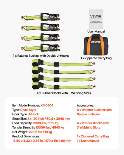 Wheel Chock Tie-Down Kit, Deck-Style Trailer Tie Down Strap, Car Tie Down Kit with J-Hook, Break Strength 4540 kg & Working Load 1512 kg Motorcycle Tie-Down System for SUVs, Trailers, Trucks