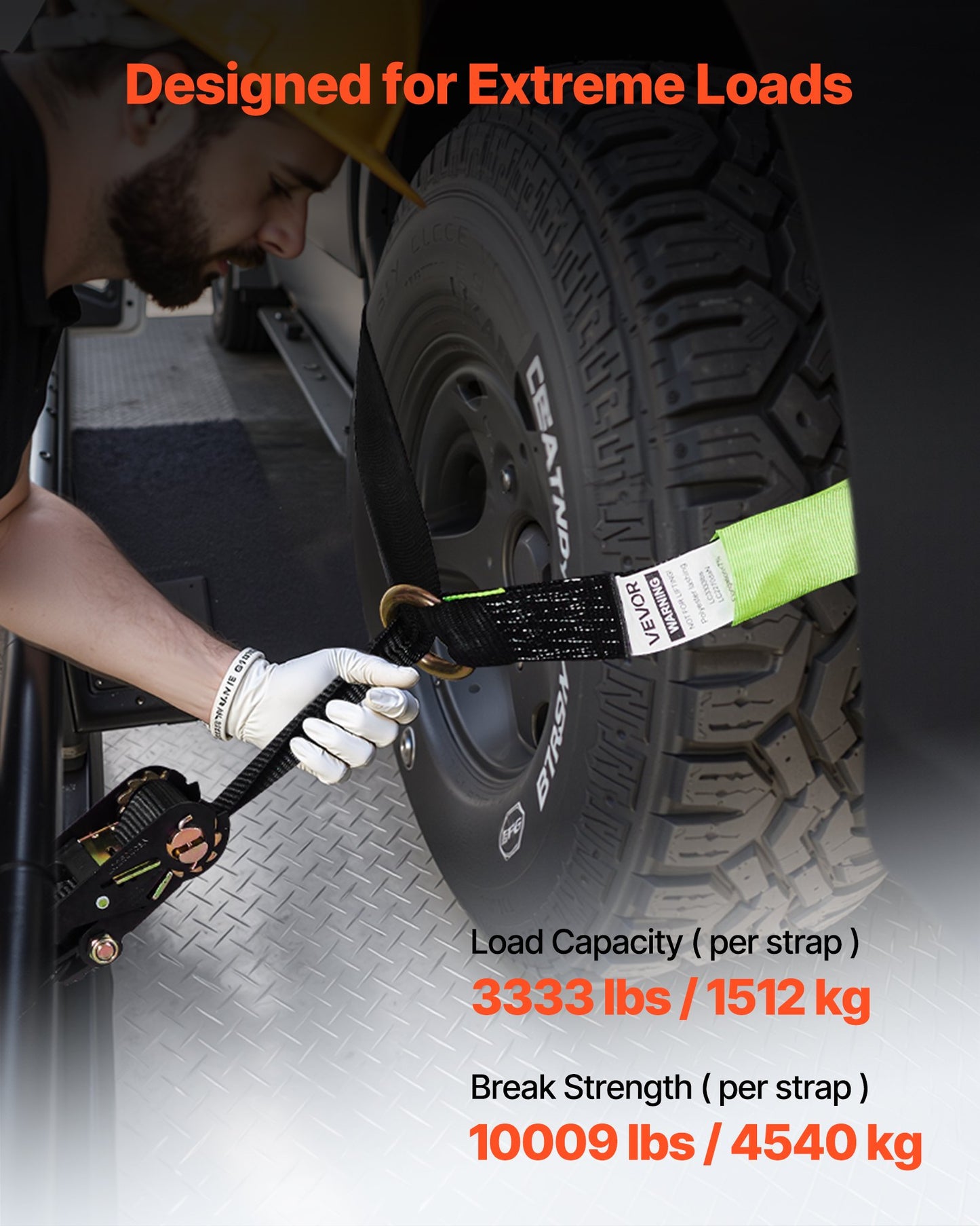 Wheel Chock Tie-Down Kit, Tire-Style Trailer Tie Down Strap, Car Tie Down Kit with Flat Hook, Break Strength 4540 kg & Working Load 1512 kg Motorcycle Tie-Down System for ATVs, SUVs, Trailers