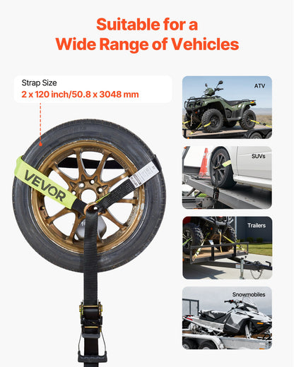 Wheel Chock Tie-Down Kit, Tire-Style Trailer Tie Down Strap, Car Tie Down Kit with Flat Hook, Break Strength 4540 kg & Working Load 1512 kg Motorcycle Tie-Down System for ATVs, SUVs, Trailers
