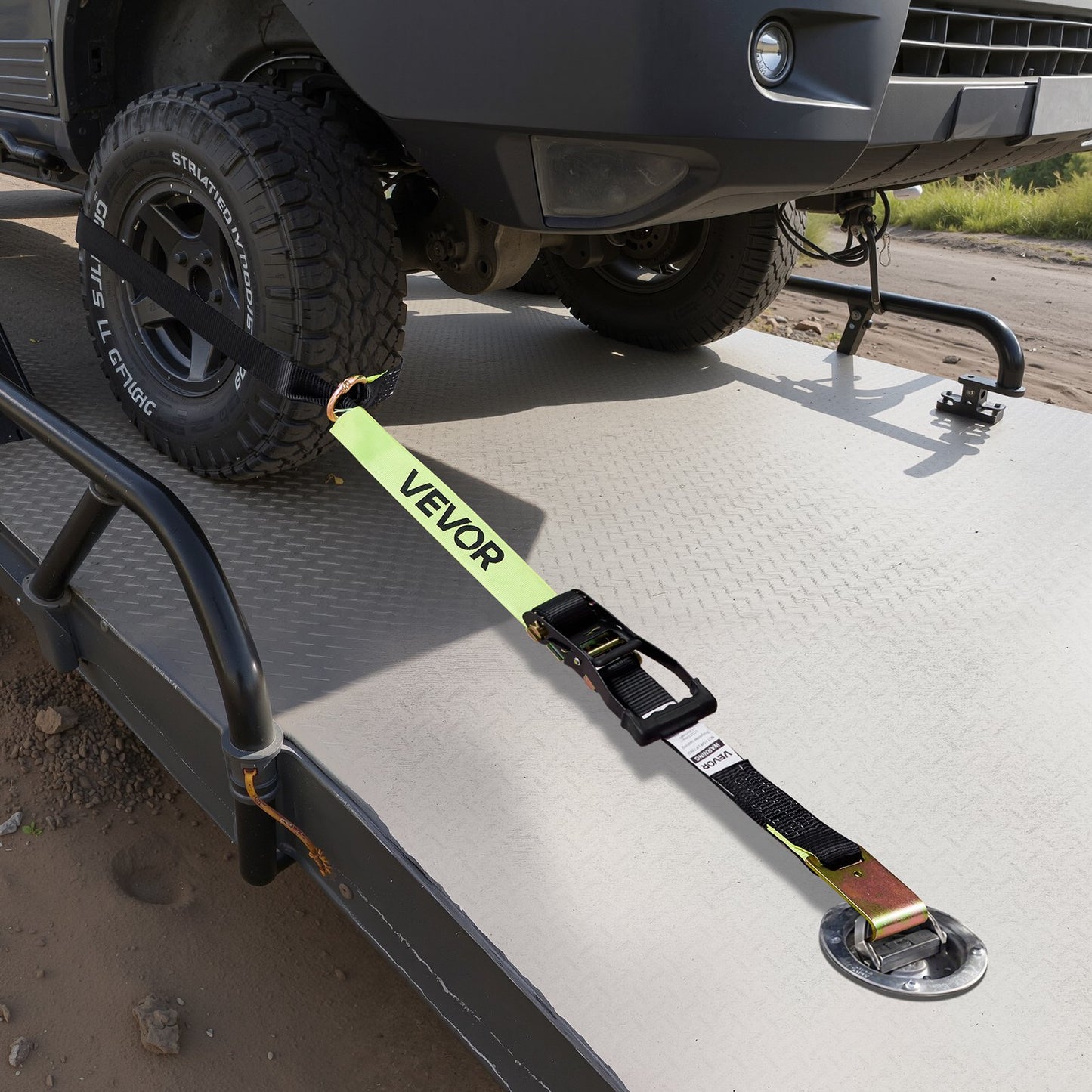 Wheel Chock Tie-Down Kit, Tire-Style Trailer Tie Down Strap, Car Tie Down Kit with Flat Hook, Break Strength 4540 kg & Working Load 1512 kg Motorcycle Tie-Down System for ATVs, SUVs, Trailers