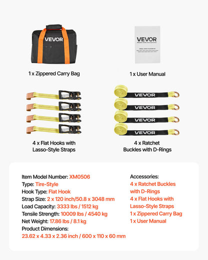 Wheel Chock Tie-Down Kit, Tire-Style Motorcycle Tie-Down System, Car Tie Down Kit with Flat Hook, Break Strength 4540 kg & Working Load 1512 kg Trailer Tie Down Strap for ATVs, SUVs, Trailers