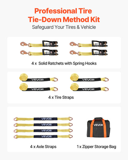 Wheel Chock Tie-Down Kit, Tire-Style Trailer Tie Down Strap, Car Tie Down Kit with Spring Hook, Break Strength 4540 kg & Working Load 1512 kg Motorcycle Tie-Down System for ATV, SUV, Trailer
