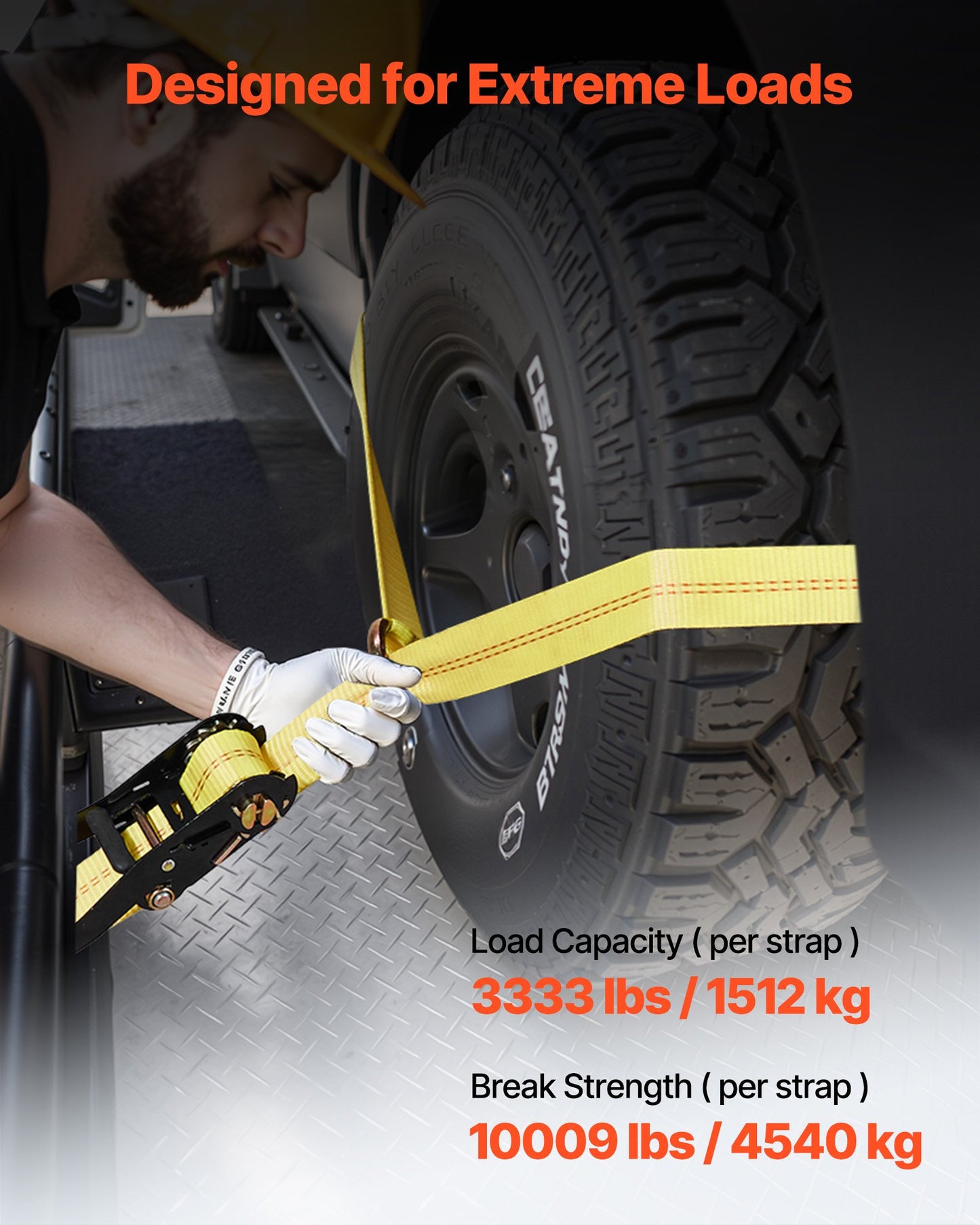 Wheel Chock Tie-Down Kit, Tire-Style Trailer Tie Down Strap, Car Tie Down Kit with Spring Hook, Break Strength 4540 kg & Working Load 1512 kg Motorcycle Tie-Down System for ATV, SUV, Trailer