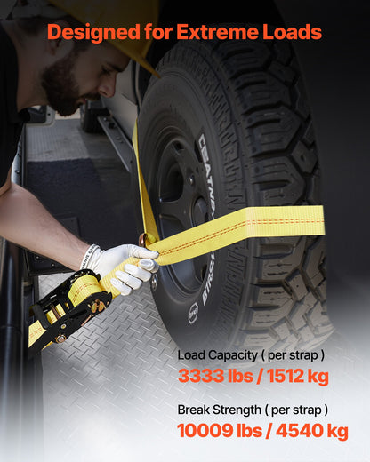 Wheel Chock Tie-Down Kit, Tire-Style Trailer Tie Down Strap, Car Tie Down Kit with Spring Hook, Break Strength 4540 kg & Working Load 1512 kg Motorcycle Tie-Down System for ATV, SUV, Trailer