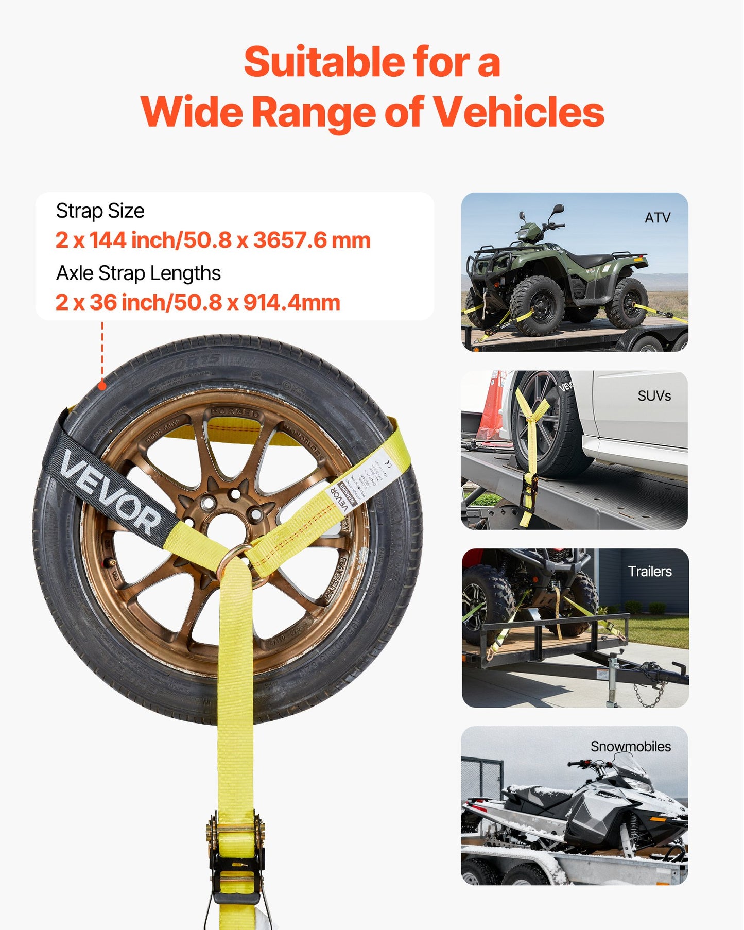 Wheel Chock Tie-Down Kit, Tire-Style Trailer Tie Down Strap, Car Tie Down Kit with Spring Hook, Break Strength 4540 kg & Working Load 1512 kg Motorcycle Tie-Down System for ATV, SUV, Trailer