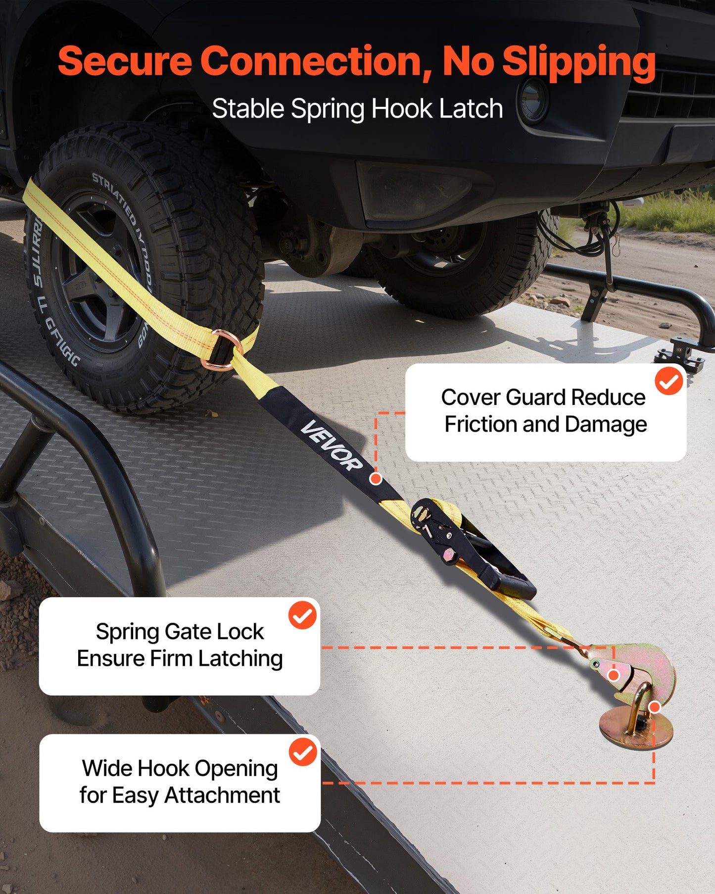 Wheel Chock Tie-Down Kit, Tire-Style Trailer Tie Down Strap, Car Tie Down Kit with Spring Hook, Break Strength 4540 kg & Working Load 1512 kg Motorcycle Tie-Down System for ATV, SUV, Trailer