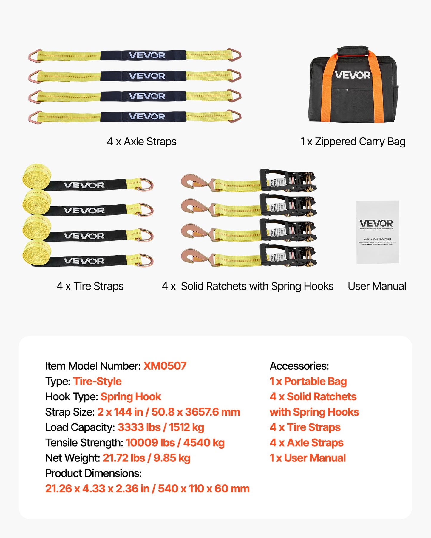 Wheel Chock Tie-Down Kit, Tire-Style Trailer Tie Down Strap, Car Tie Down Kit with Spring Hook, Break Strength 4540 kg & Working Load 1512 kg Motorcycle Tie-Down System for ATV, SUV, Trailer
