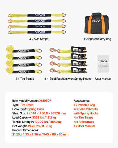 Wheel Chock Tie-Down Kit, Tire-Style Trailer Tie Down Strap, Car Tie Down Kit with Spring Hook, Break Strength 4540 kg & Working Load 1512 kg Motorcycle Tie-Down System for ATV, SUV, Trailer