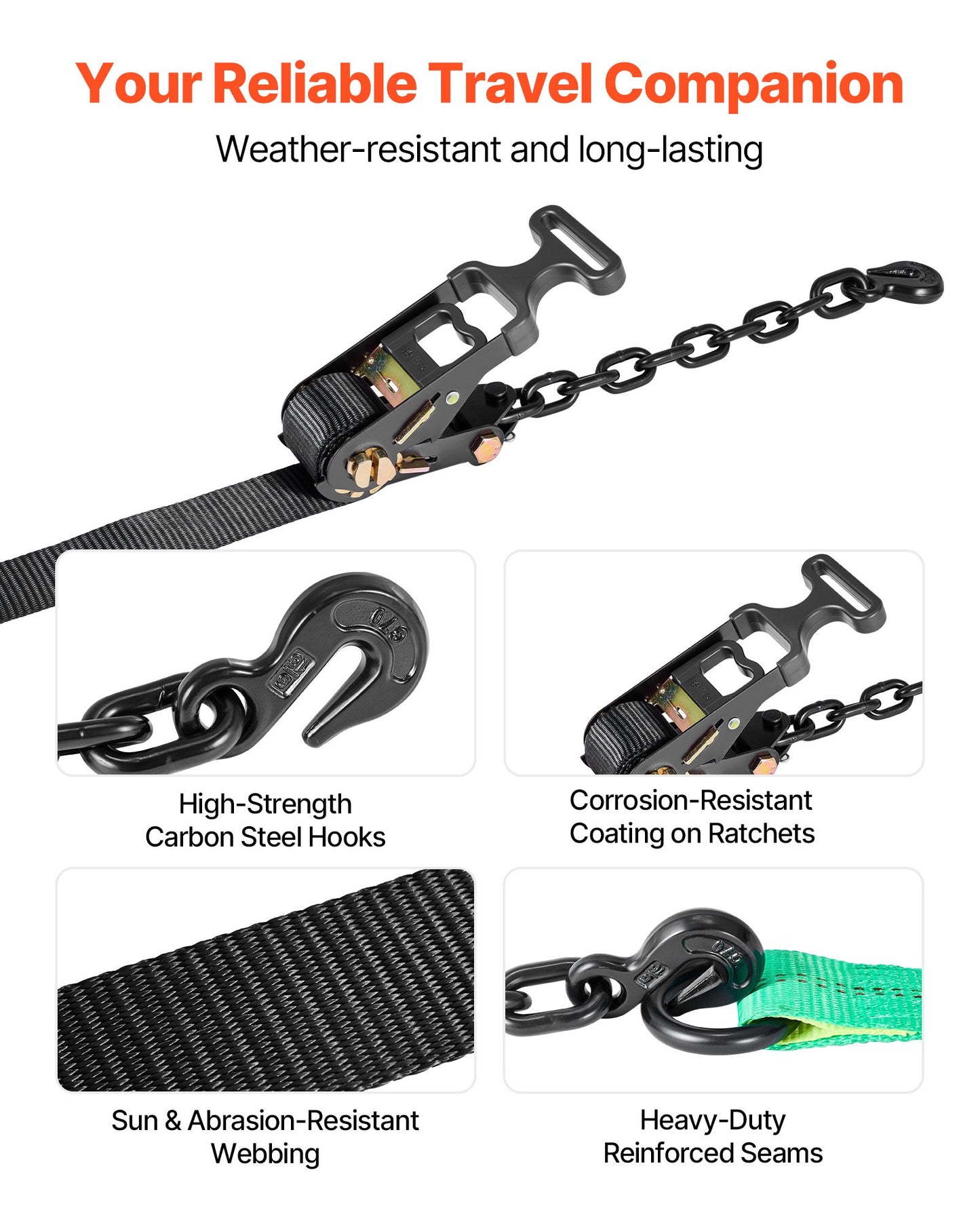 Wheel Chock Tie-Down Kit, Tire-Style Tow Dolly Strap, Car Tie Down Kit with Heavy-Duty Hook, Break Strength 4540 kg & Working Load 1512 kg Motorcycle Tie-Down System for ATV, SUV, Trailer