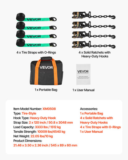 Wheel Chock Tie-Down Kit, Tire-Style Tow Dolly Strap, Car Tie Down Kit with Heavy-Duty Hook, Break Strength 4540 kg & Working Load 1512 kg Motorcycle Tie-Down System for ATV, SUV, Trailer