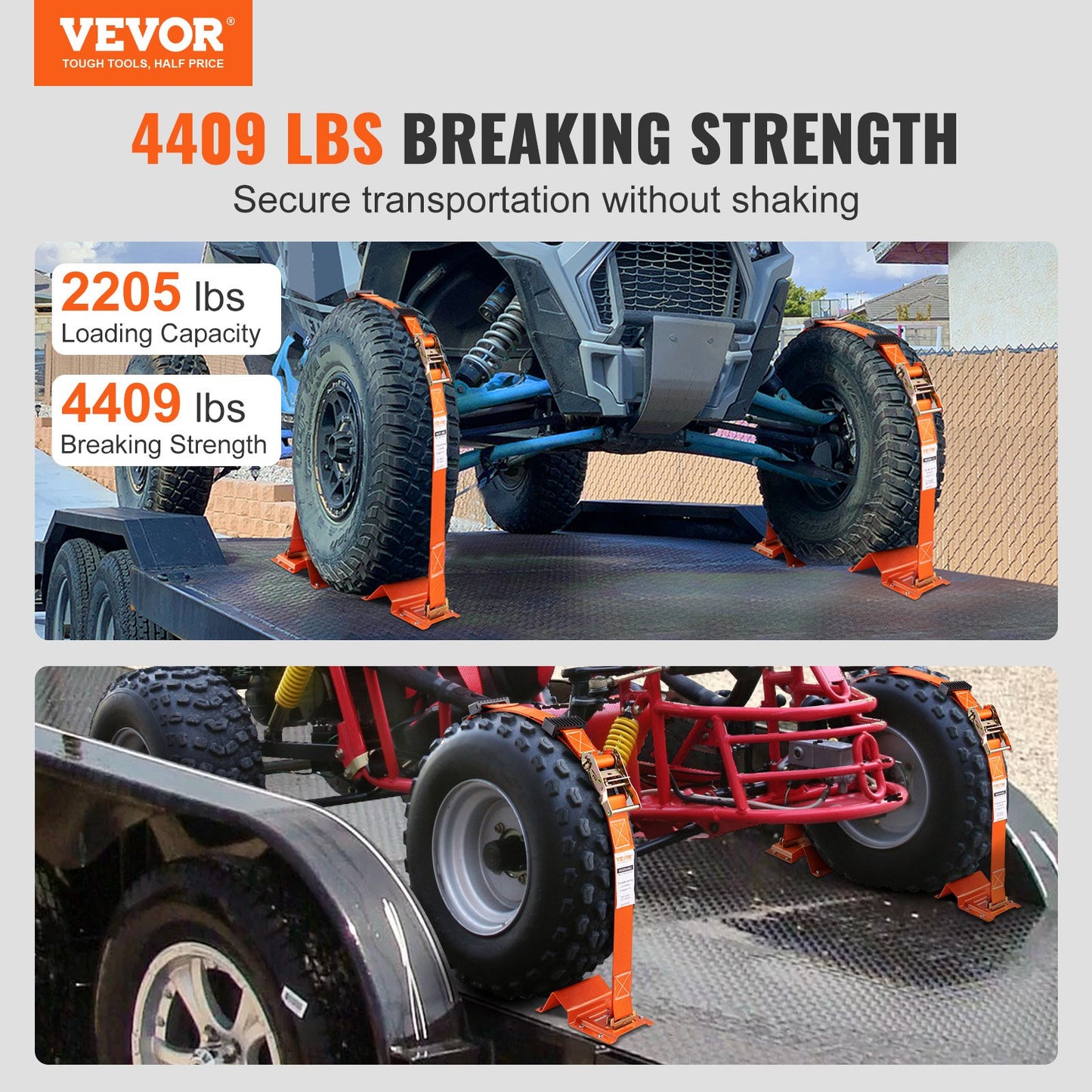 VEVOR Wheel Chock Tire Down Strap Kit Trailer Towing System for ATVs UTVs 4-Pack