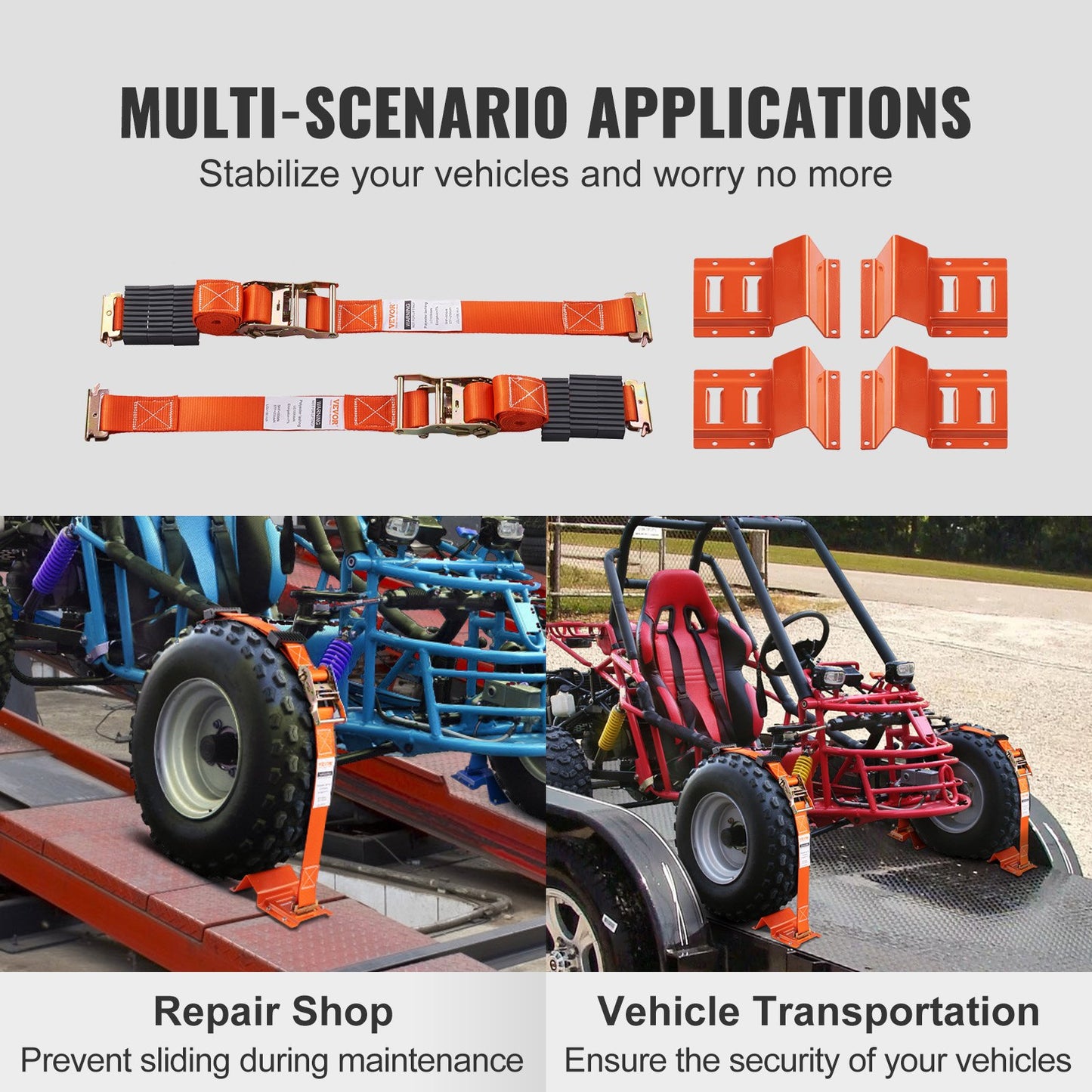 VEVOR Wheel Chock Tire Down Strap Kit Trailer Towing System for ATVs UTVs 4-Pack