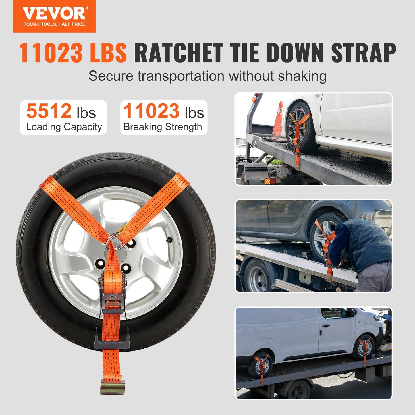 VEVOR Car Tie Down Straps Kit, Lasso Style 2" x 120" Tire Straps, 5512 LBS Working