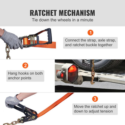 Heavy-Duty Car Tie Down Straps with Chain Anchors, 4-Pack, 3m, 2660kg Load Capacity