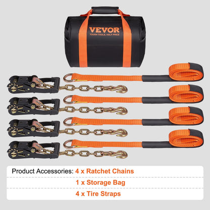 Heavy-Duty Car Tie Down Straps with Chain Anchors, 4-Pack, 3m, 2660kg Load Capacity