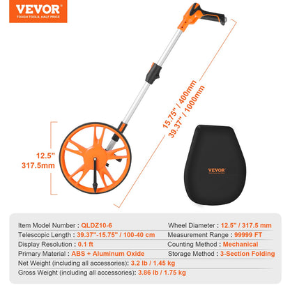 VEVOR Measuring Wheel 12.5” Road Runner Distance Telescoping Handle w/ Back Bag