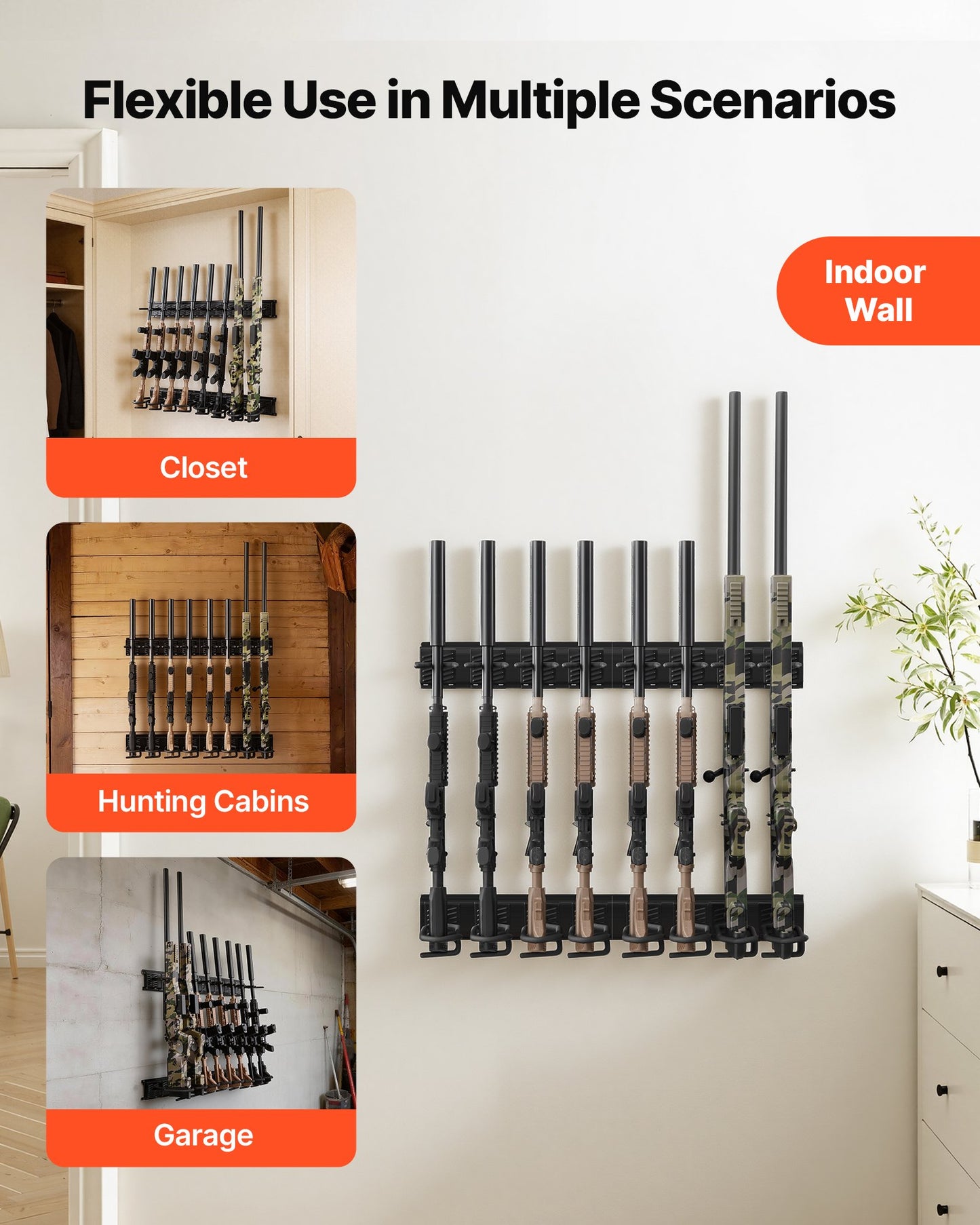 Indoor Gun Rack, Heavy Duty Steel, Wall Mount Rifle and Shotgun Rack, 8 Slots for Long Guns, Gun Display Rifle Storage Holder with Screws, for Home Garage Office Retail Shop Hunting Cabin Wall