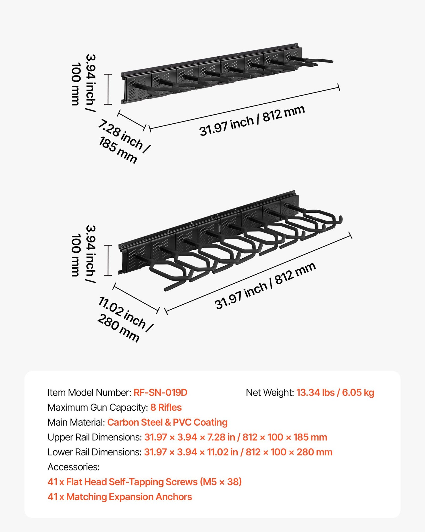 Indoor Gun Rack, Heavy Duty Steel, Wall Mount Rifle and Shotgun Rack, 8 Slots for Long Guns, Gun Display Rifle Storage Holder with Screws, for Home Garage Office Retail Shop Hunting Cabin Wall