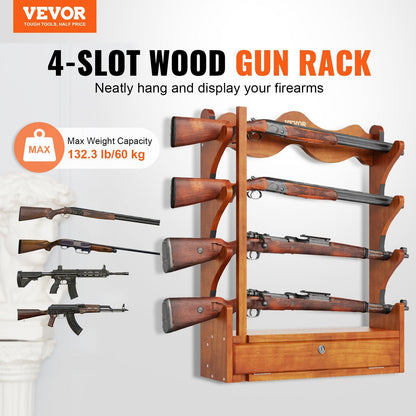 Wall-Mounted Wooden Gun Rack for 4 Rifles, 60 kg Capacity, Light Red