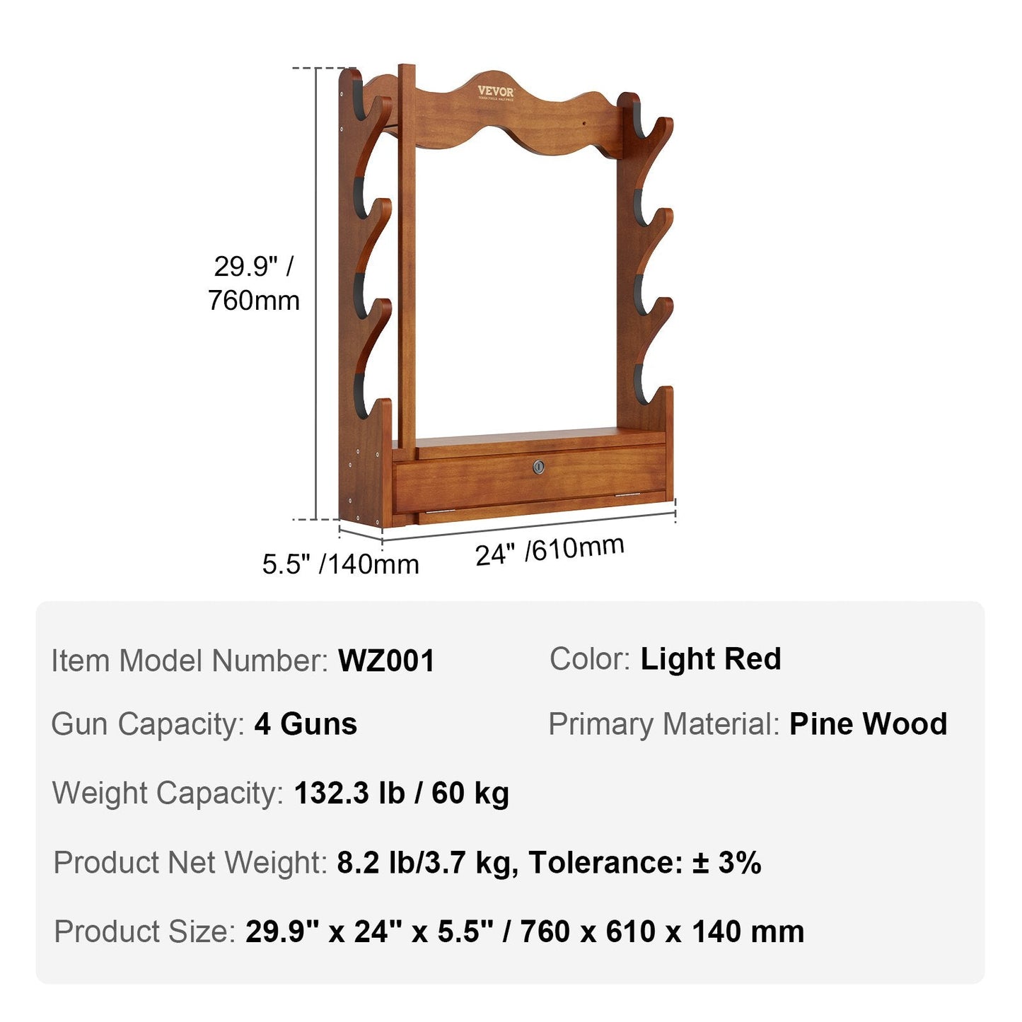 Wall-Mounted Wooden Gun Rack for 4 Rifles, 60 kg Capacity, Light Red