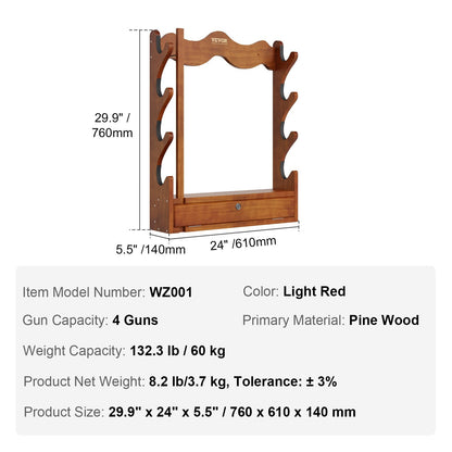 Wall-Mounted Wooden Gun Rack for 4 Rifles, 60 kg Capacity, Light Red
