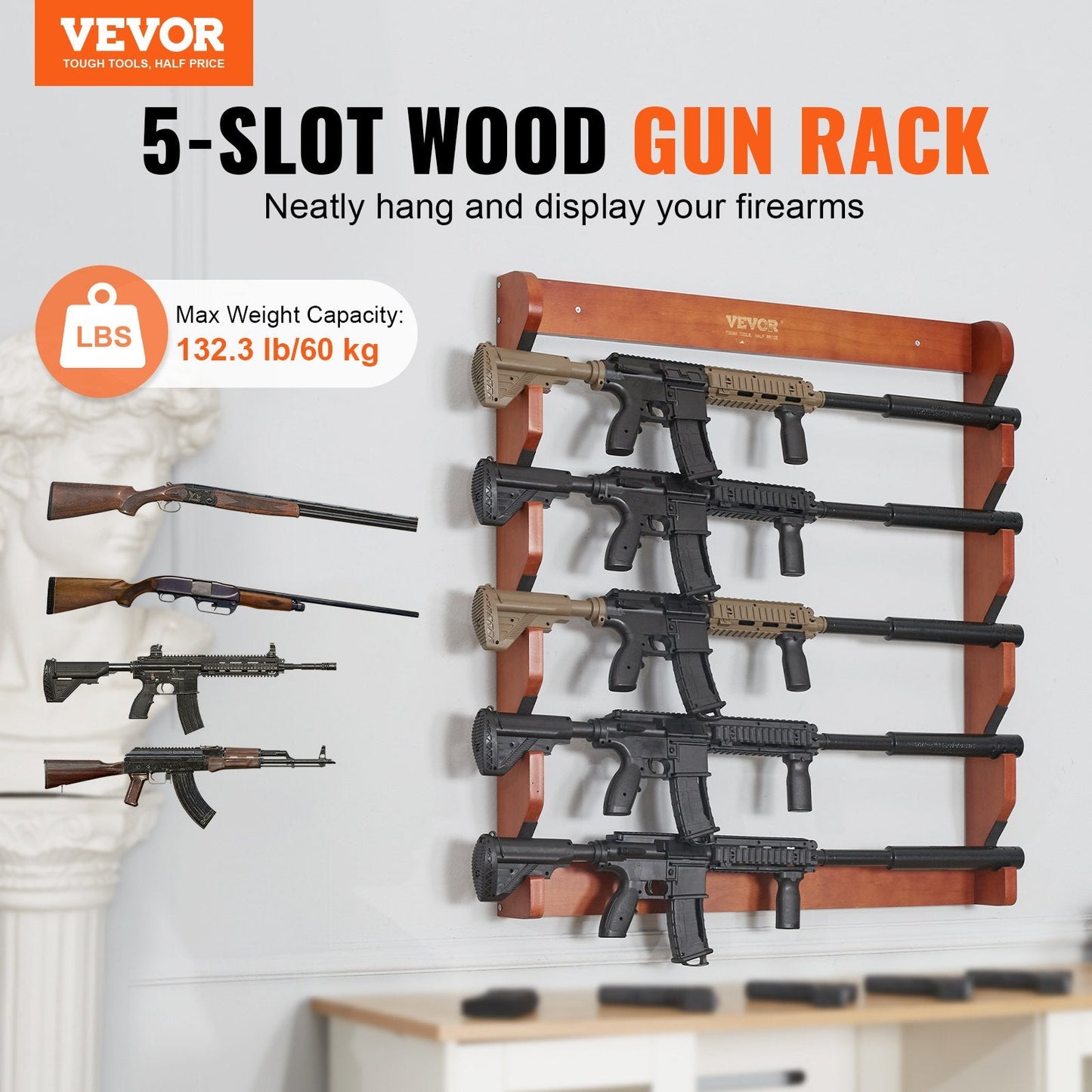 Wooden Wall Mount Gun Rack for 5 Rifles, 60 kg Capacity, Light Red Pine
