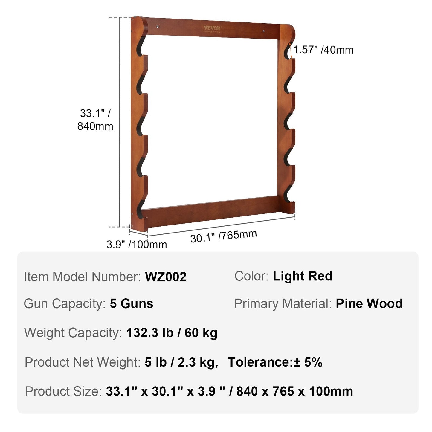 Wooden Wall Mount Gun Rack for 5 Rifles, 60 kg Capacity, Light Red Pine