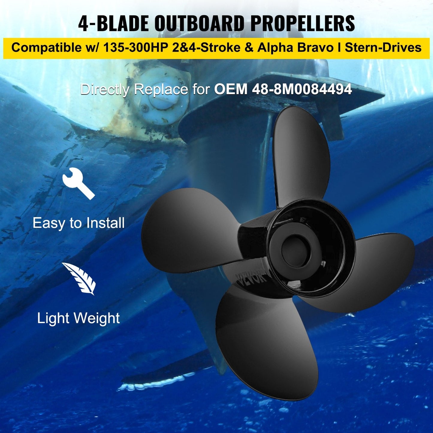 Aluminum 4-Blade 36.8 cm x 43.2 cm Outboard Propeller for 135-300HP Motors