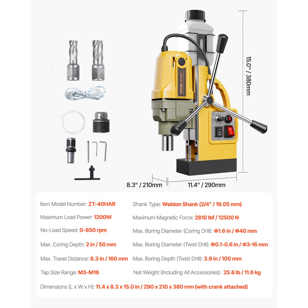 Magnetic Drill 1200W 2810 lbf Mag Drill Press 1.6 in Boring Diameter Yellow