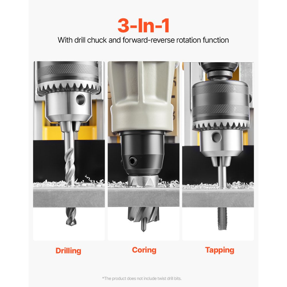 Magnetic Drill 1400W 2878 lbf Mag Drill Press 2 in Boring Diameter 6 Bits Yellow