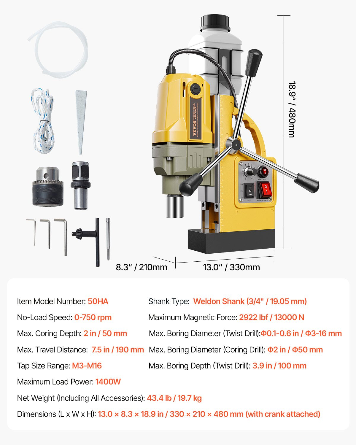 Magnetic Drill 1400W 2922 lbf Mag Drill Press 2 in Boring Diameter 0-750 RPM