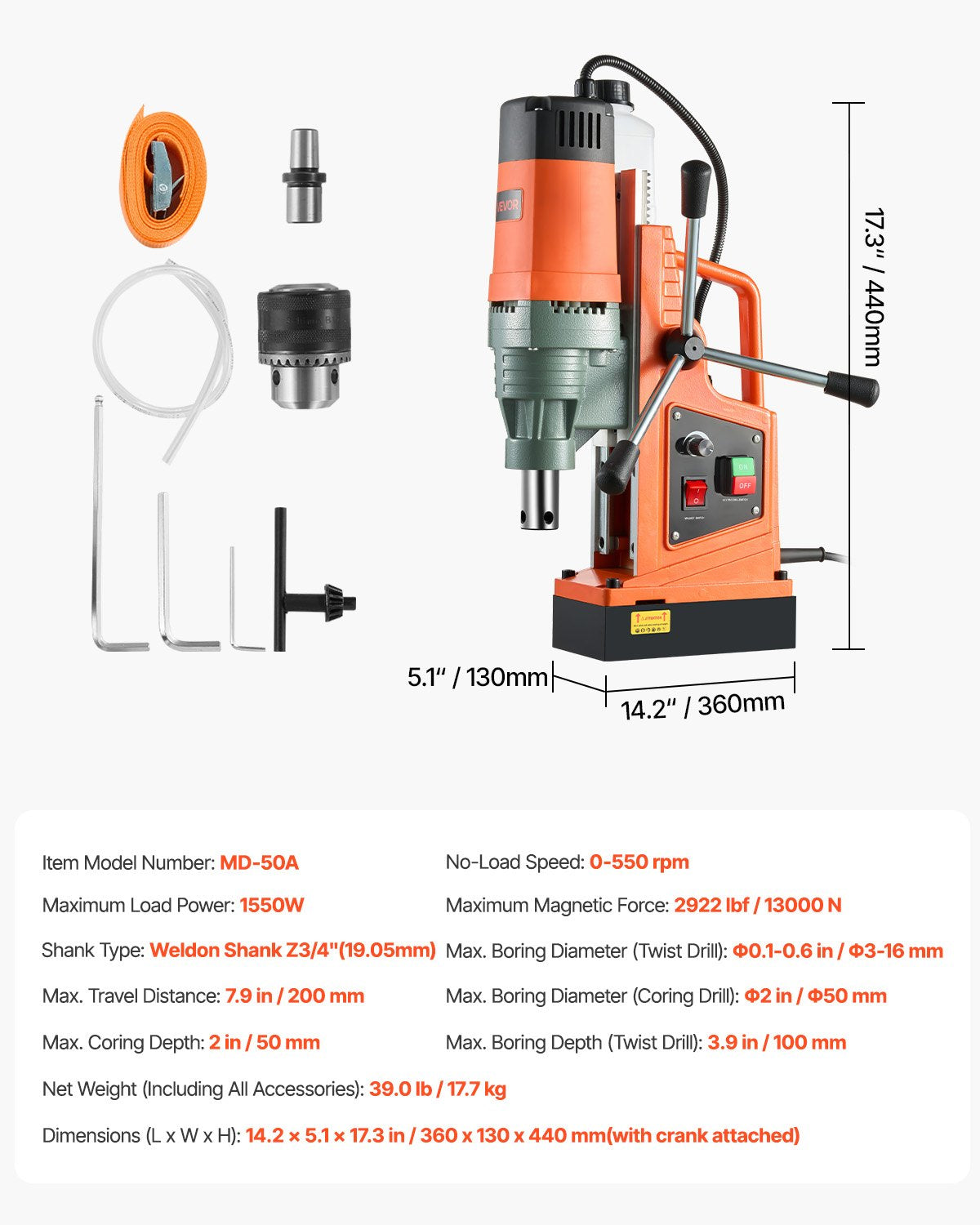 Magnetic Drill, 1550W Motor 50 mm Coring Diameter, 13000 N Magnetic Force, 0-550 RPM Variable Speed, Portable Electric Mag Drill Press Drilling Machine for Metal Surface, Home Improvement