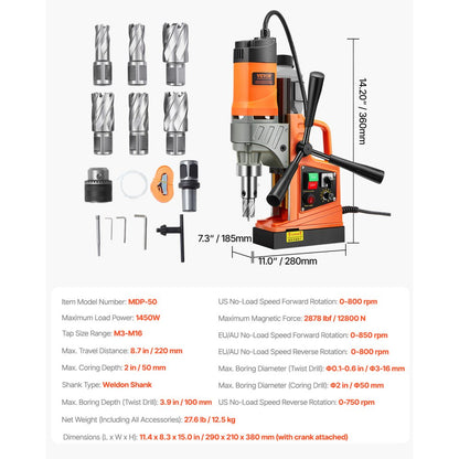 Magnetic Drill 1450W 2878 lbf Portable Mag Drill Press 2 in Boring Diameter